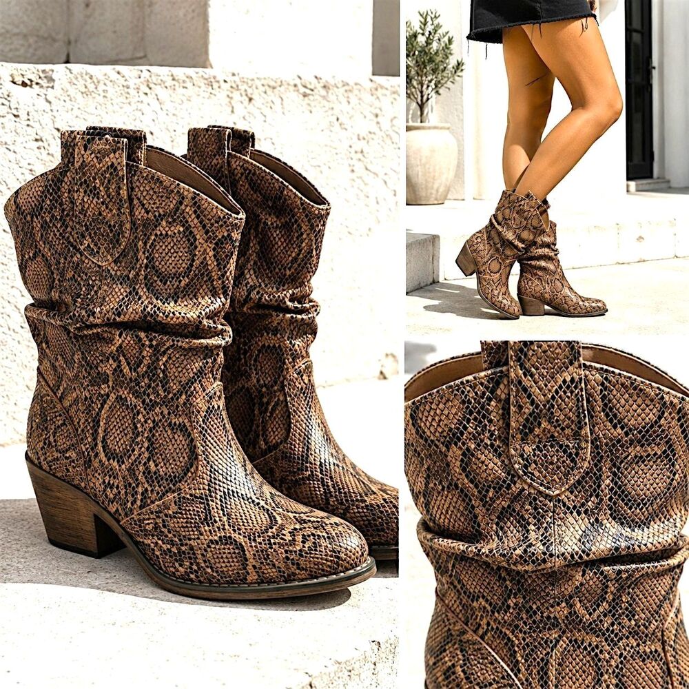 Western Cowgirl 9 Snakeskin Slouch Ankle Booties Brown Rodeo Boots Canyon Trails